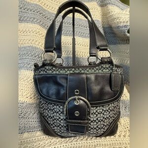COACH #7081 Vtg Soho Signature Mini C's Black Leather Gray/Black Jacquard Purse